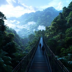 Obraz premium A serene bridge traverses a lush green valley, enveloped in mist, inviting exploration into a vibrant, untouched natural landscape.