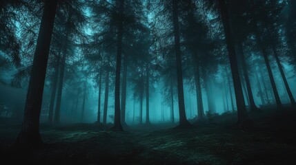 Obraz premium A dark, foggy forest where the trees glow softly in the dark, casting eerie shadows on the ground