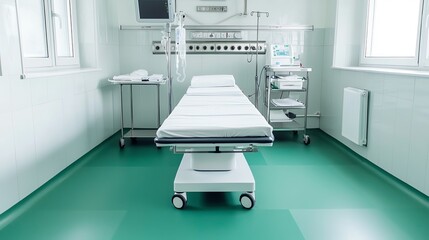 A bright and clean hospital room featuring a medical bed, monitoring equipment, and surgical tools, designed for patient care and treatment.