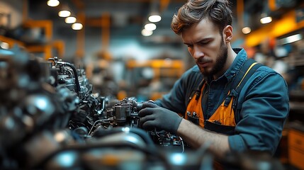 Mechanic performing an engine overhaul, with engine components and tools strewn around the workshop. Bright workshop lights create high contrast on the engine’s metallic parts,