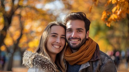 Fototapeta premium Couple in love on a walk in the autumn park 