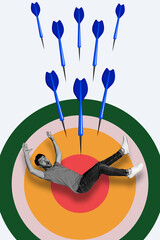 Vertical photo collage of scared businessman unexpected promotion growth success development darts target isolated on painted background
