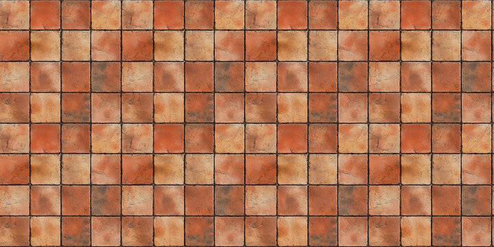 a seamless pattern of perfectly square, earthy terracotta tiles with white grout