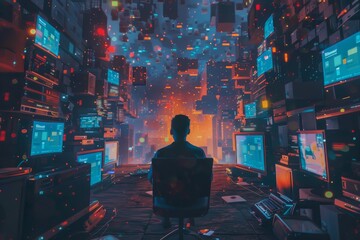 Fototapeta premium Futuristic Digital Workspace with Person Surrounded by Multiple Screens