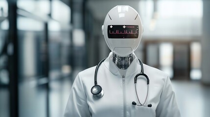 A futuristic robot doctor with a digital display and stethoscope, embodying the intersection of technology and healthcare.