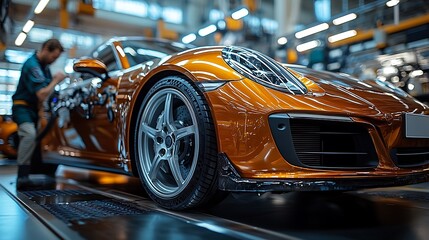 Obraz premium Mechanic tuning the engine timing of a high-performance sports car, using advanced precision instruments under bright workshop lighting. The clean, organized service bay is visible in the background.