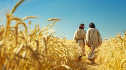 Jesus and Peter walking through a grain field touching the heads of wheat