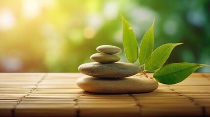Zen Stones and Green Leaves on a Bamboo Mat