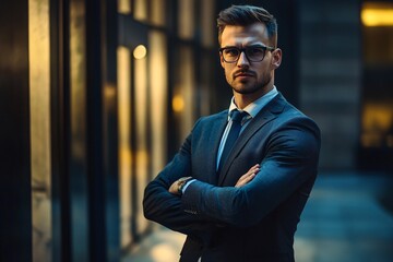 Obraz premium A self-assured figure in a tailored suit stands with arms crossed, exuding an undeniable air of superiority.