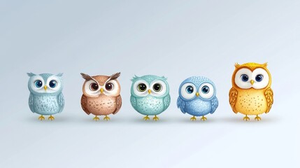Fototapeta premium Five cute cartoon owls, each in a different color, with big eyes and friendly expressions. These adorable birds are perfect for children's illustrations, educational materials, or any project that nee