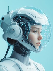 Fototapeta premium Futuristic Android Woman in a High-Tech Helmet, symbolizing artificial intelligence, technology, the future, space exploration, and human evolution.