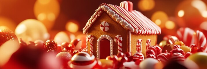 Gingerbread house decorated with candy canes, surrounded by Christmas ornaments, symbolizing the joy and sweetness of the holiday season.