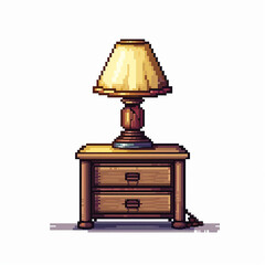 Pixelated game art 16 bit design of a lamp standing on a night table on a white background