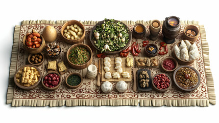 3D Icon of Haft Seen Table Arrangement: Family Member's Hands Carefully Placing Traditional Items on a White Background