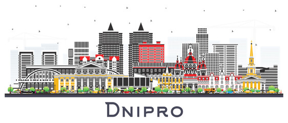 Fototapeta premium Dnipro city skyline with color buildings isolated on white. Dnepropetrovsk cityscape with landmarks. Business travel and tourism concept with modern and historic architecture.