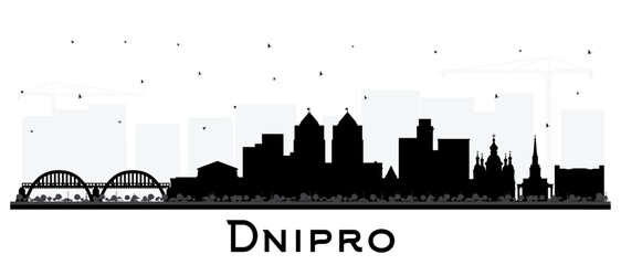 Obraz premium Dnipro city skyline silhouette with black buildings isolated on white. Dnepropetrovsk cityscape with landmarks. Travel and tourism concept with modern and historic architecture.
