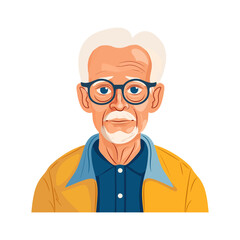 Front view of an elderly man with glasses and a thoughtful expression. Ideal for senior care, healthcare, or educational materials. Crisp, clean vector design with personality