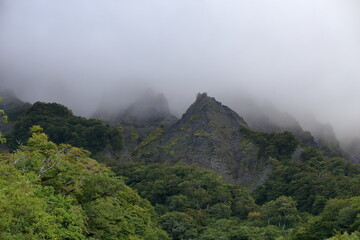 濃い霧と切り立った岩山で険しい様子の鳥取県の伯耆大山南壁