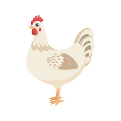 A cute cartoon-style illustration of a chicken with light brown feathers and a red comb. Perfect for farm-themed projects, children's books, or educational content about animals