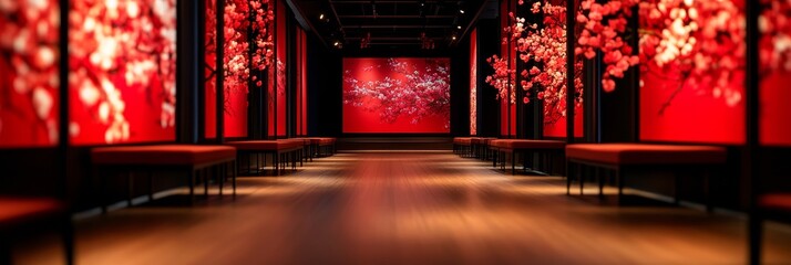 Red Floral Corridor with Cherry Blossom Decorations -  A luxurious corridor with red walls and cherry blossom decorations leading to a spacious room.