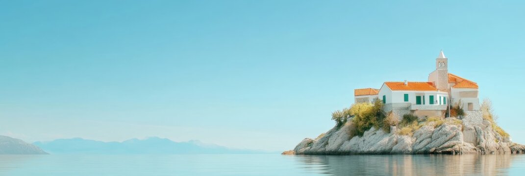 Picturesque Miniature Village on a Rocky Island, a tranquil scene of a small village nestled on a rocky island surrounded by clear blue water and a serene sky, symbolizing peace, isolation, beauty, wo