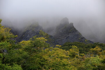 濃い霧と切り立った岩山で険しい様子の鳥取県の伯耆大山南壁