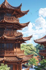 Traditional Chinese wooden pagoda, hyper-realistic style, detailed wooden structure, intricate carvings, layered flying eaves, rich historical texture, ancient wood colors, clear blue sky, majestic an