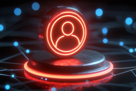 Glowing red icon of a person on a circular platform surrounded by connected nodes symbolizing digital identity connectivity and futuristic technology