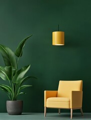 Stylish green and yellow living room interior design with armchair, plant, and pendant light. The room features a minimalist aesthetic with a green wall, a yellow armchair, and a large green plant.