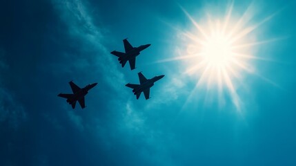 Three fighter jets fly in formation against a bright sun in a clear blue sky, symbolizing teamwork, precision, and strength.