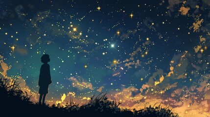 Fototapeta premium A person is standing on a hill and looking up at the stars