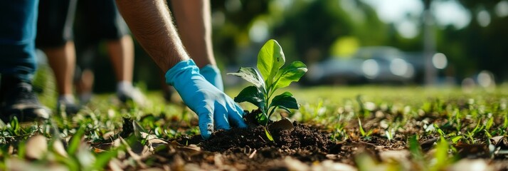 Volunteers plant a sapling during a community cleanup event organized for World Environment Day, symbolizing environmental care, community action, sustainability, growth, and hope.