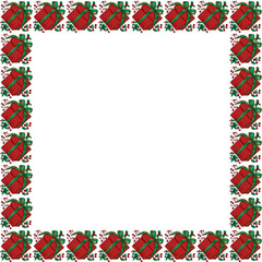 Illustration of red gift box with green gold ribbon pattern on transparent background. Wallpaper, background, wrapping, decoration, fabric