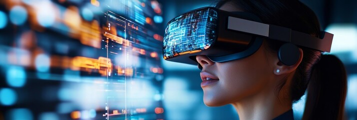 Woman wearing a VR headset, exploring a digital world with interactive elements and a futuristic interface.