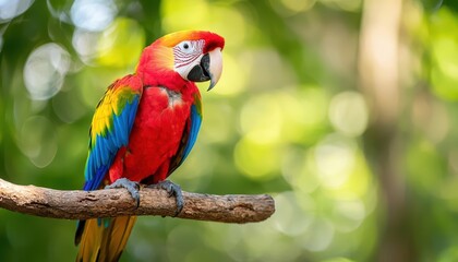 Colorful parrot perched on branch, blurred green background