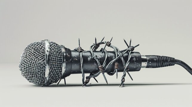 Concept of free expression: a microphone entangled in barbed wire on a plain white backdrop, symbolizing an independent media voice, suitable for web banners, flyers, and poster designs.
