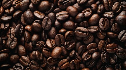 Naklejka premium Close up of coffee bean background, top view. Photorealistic high resolution macro photography for advertising or food design.