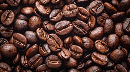 Fototapeta premium Close up of coffee bean background, top view. Photorealistic high resolution macro photography for advertising or food design.