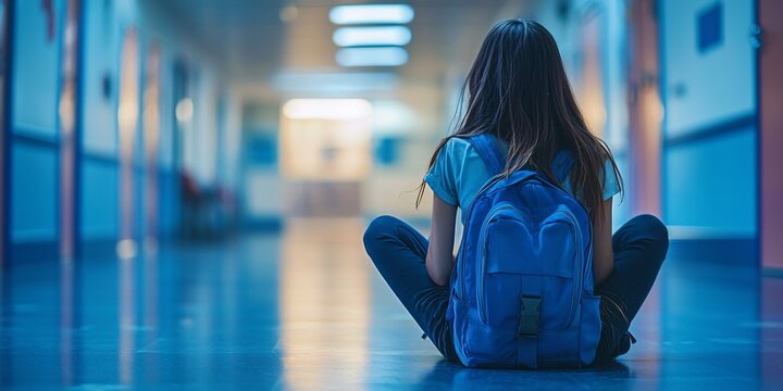 A solitary girl in attire with a backpack weeps in the corridor, facing exclusion and loneliness due to bullying linked to her ADHD and autism.