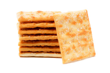 A stack of sweet crispy cracker sprinkled with sugar on top, set against a clean white background. The golden brown crackers create a simple yet appetizing display