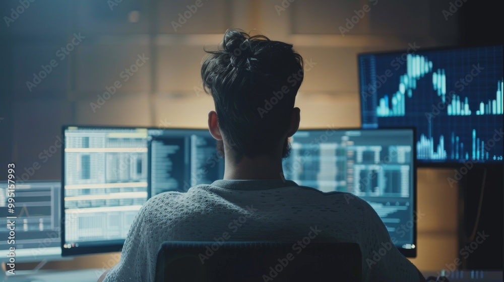 Poster marketer analyzing data on computer from behind.