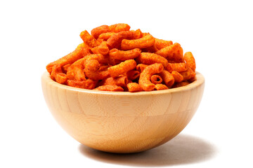 A bowl of crispy, deep-fried macaroni snack coated in spicy red seasoning. Crunchy, savory, and perfect for anytime snacking. Photographed on a white background.