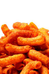 A bowl of crispy, deep-fried macaroni snack coated in spicy red seasoning. Crunchy, savory, and perfect for anytime snacking. Photographed on a white background.