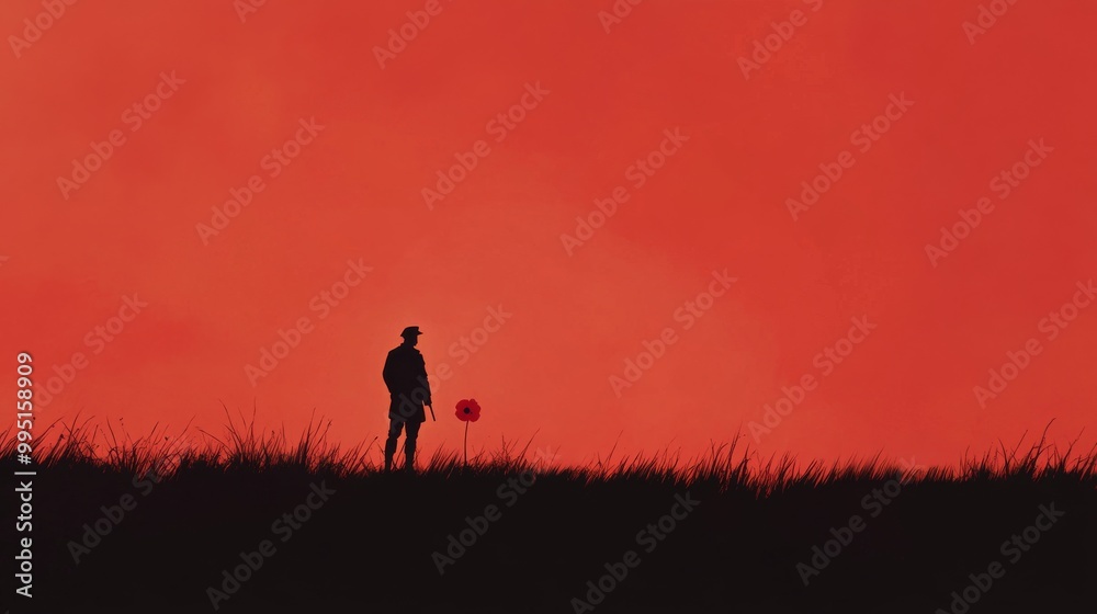 Sticker A man stands in a field with a red balloon in his hand