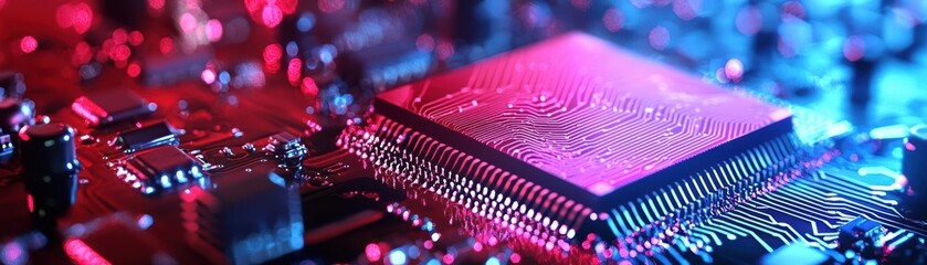 Abstract close-up of colorful microchip on electronic circuit board.