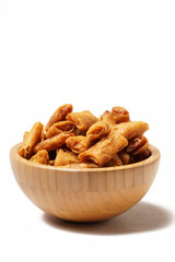 A bowl of Sumpia, Indonesian traditional mini spring rolls filled with shrimp floss. The crunchy outer wrapper is deep-fried to perfection. Photographed on a white background.