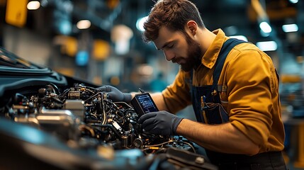 Side view of a mechanic working on a hybrid car engine, using advanced diagnostic devices. The service bay is brightly illuminated, with the sleek engine parts and high-tech tools on display,
