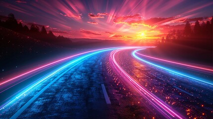 Futuristic abstract illustration with neon rays and speed lines in a technological style.