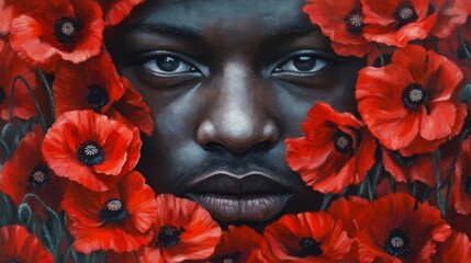 A man's face is painted on a bed of red poppies