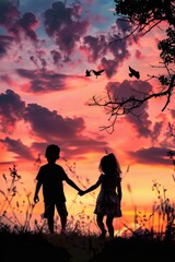 Obraz premium A boy and girl are holding hands in a field at sunset